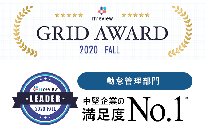 ITreview Grid Award 2020 Fall 勤怠管理部門 中堅企業の満足度no.1 スマホ表示用